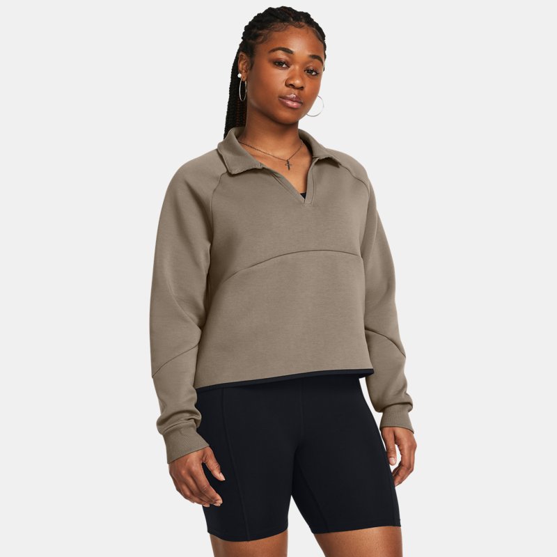 Polo court Under Armour Unstoppable Fleece Rugby pour femme Taupe Dusk / Noir XS